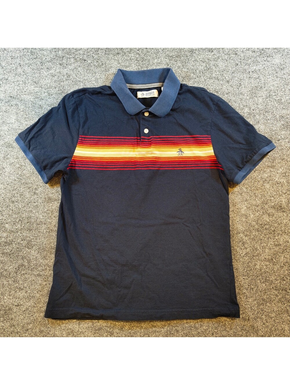 Original Penguin Men’s Polo S Navy Retro Stripe Shirt w/ Penguin Logo